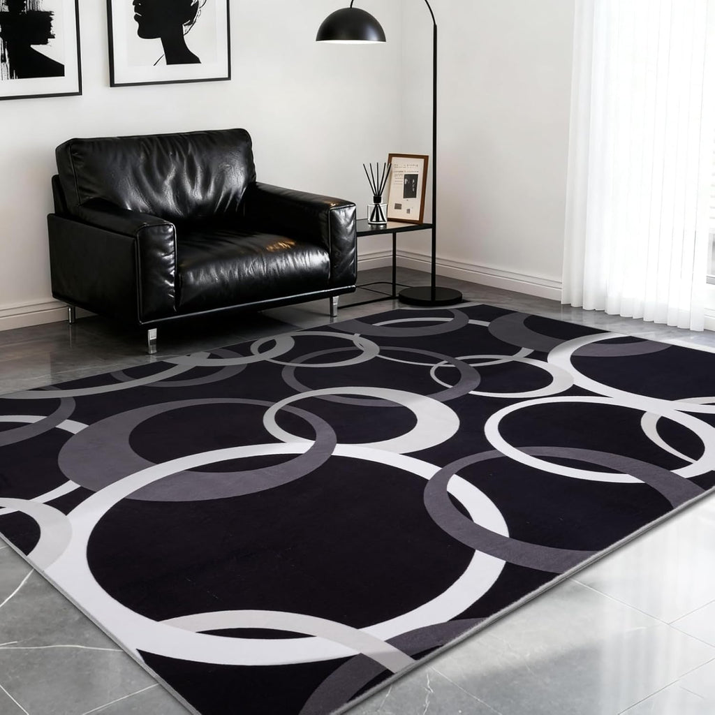YIHOUSE Washable 5x7 Area Rugs for Living Room, Modern Black and White Rug for Bedroom Non Slip Low Pile, Modern Circle Pattern Carpet for Dining Room Playroom Home Office Decor