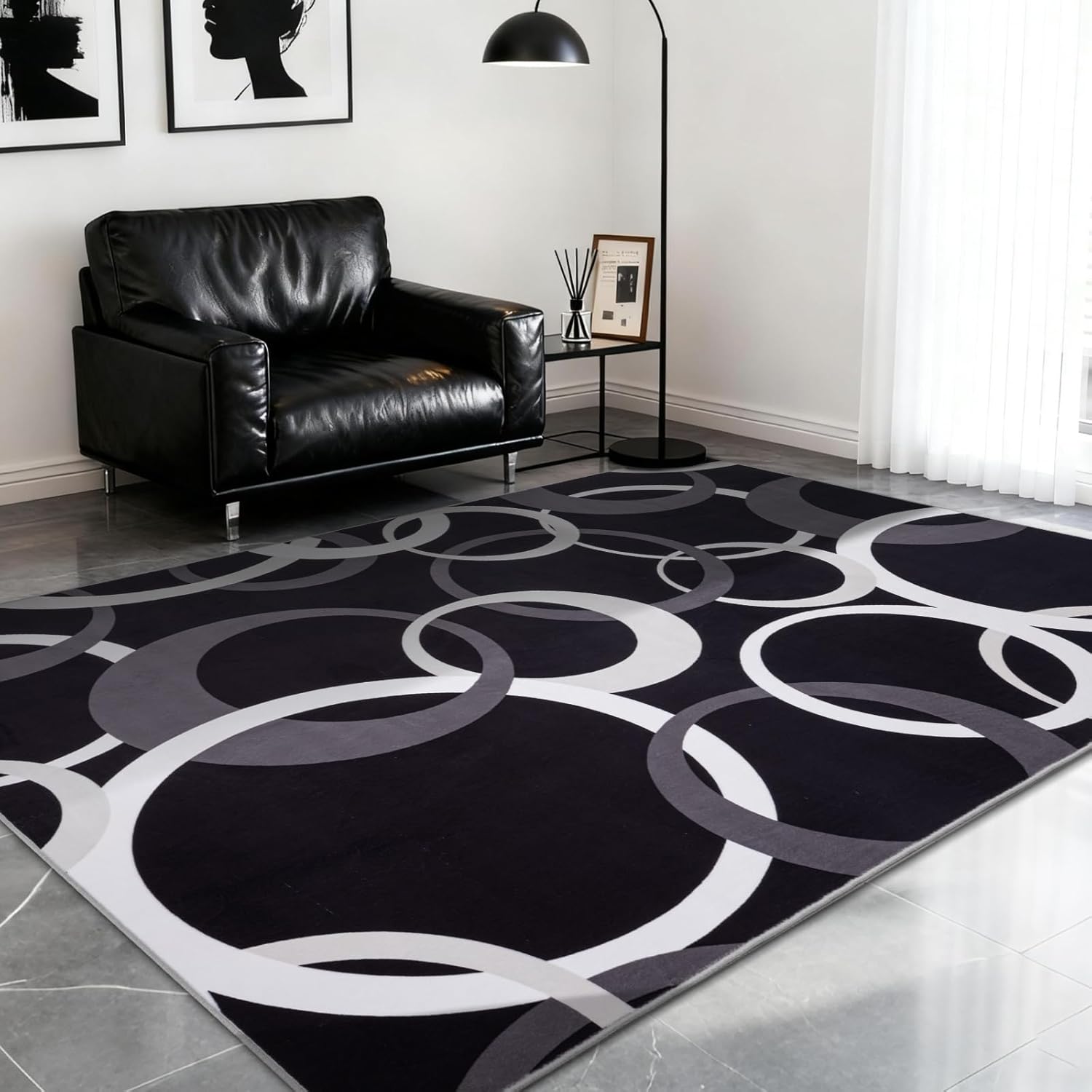 YIHOUSE Washable 5x7 Area Rugs for Living Room, Modern Black and White Rug for Bedroom Non Slip Low Pile, Modern Circle Pattern Carpet for Dining Room Playroom Home Office Decor