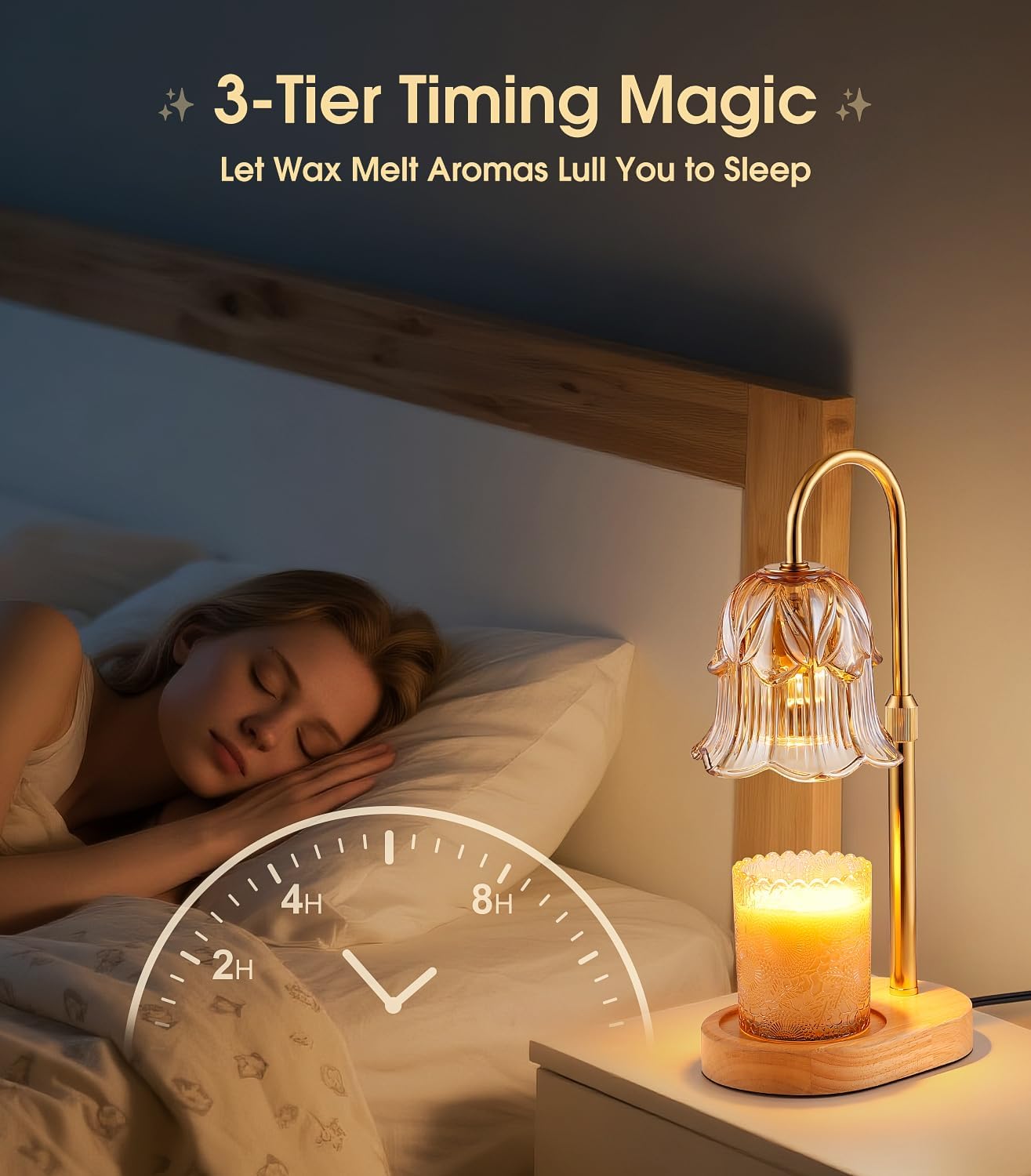 Candle Warmer Lamp Adjustable Timer - Electric Flower Glass Candles Warmers Adjustable Height Dimmable Vintage Base Modern Wax Candles Top Warmers for Small Jar Scented Wax Melts