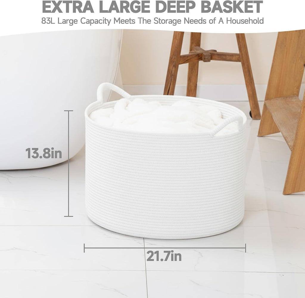 CLHMILY&Z Round Cotton Rope Storage Basket in Living Room, Bedroom, Laundry Room for Toy, Clothes, Blanket, Pillow (White, XLarge(14.2"x22"))