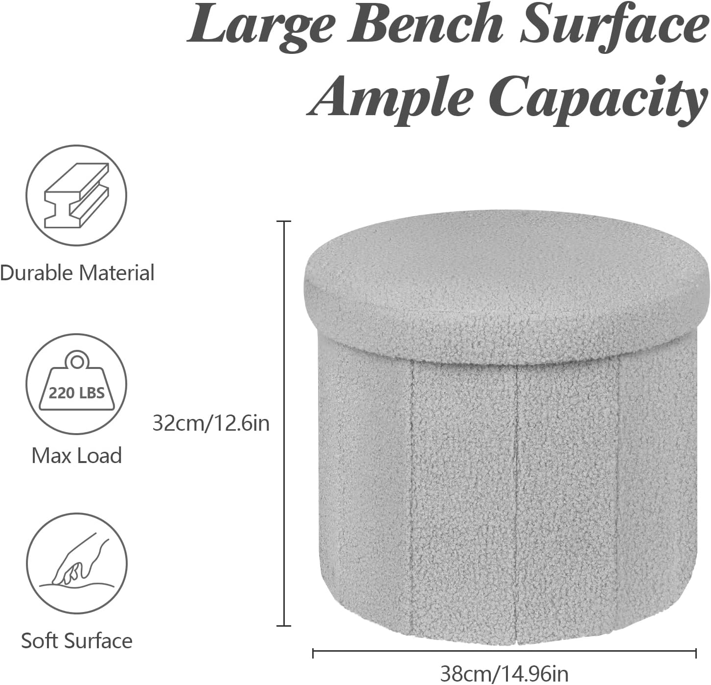 BoxedHome Dorm Room Storage Round Cute Ottoman with Storage Boucle Foot Stool Footrest for Lving Room, Support 220lbs, Gray 15"x15"x12.6"