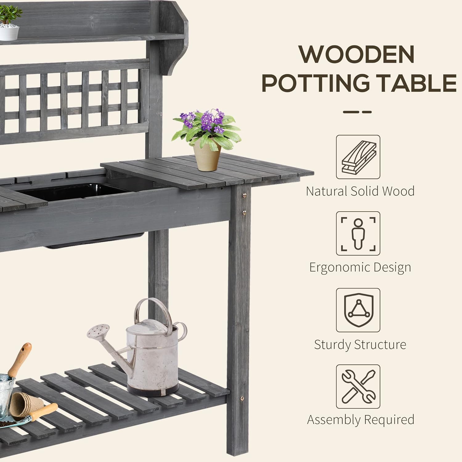 Outsunny Outdoor Potting Bench Table, Wooden Workstation with Sliding Tabletop, Storage Shelf and Dry Sink, for Greenhouse, Garden, Patio, Gray