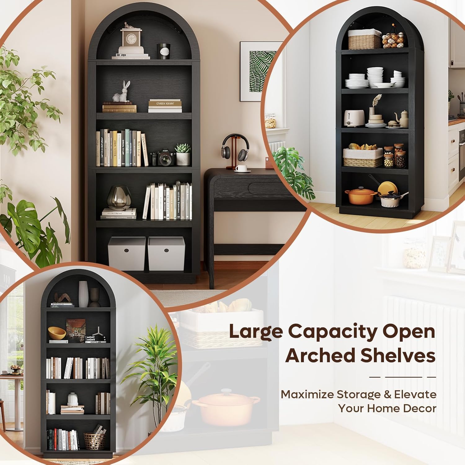 Bestier 76" Tall Arched Bookshelf, 5 Tier Arched Bookcase with Adjustable Book Shelves, Large Arch Wood Bookshelf, Modern Farmhouse Open Display Tall Bookcase for Bedroom, Home Office, Bedroom, Black