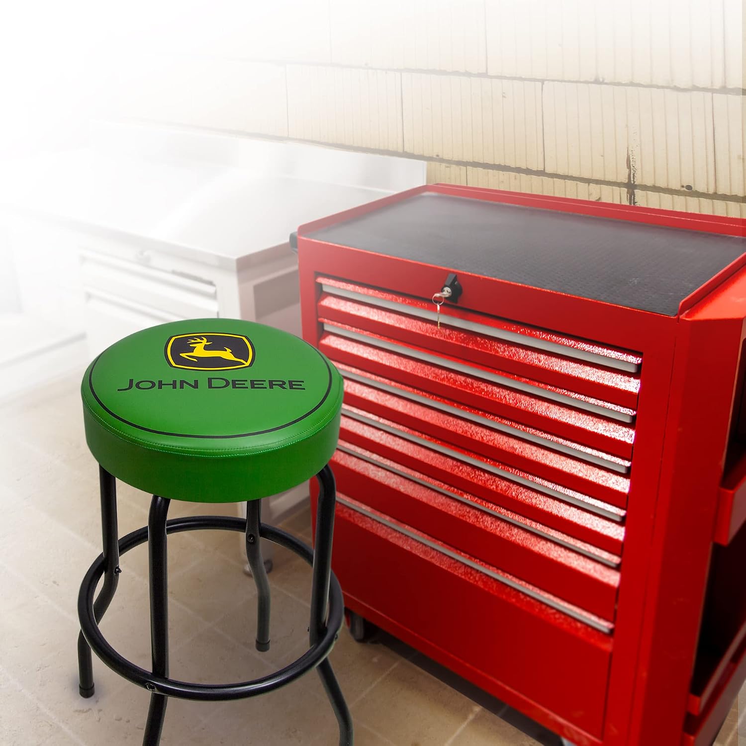 Plasticolor 004792R01 John Deere Logo Garage and Game Room Stool with Matte Green Top and Black Legs