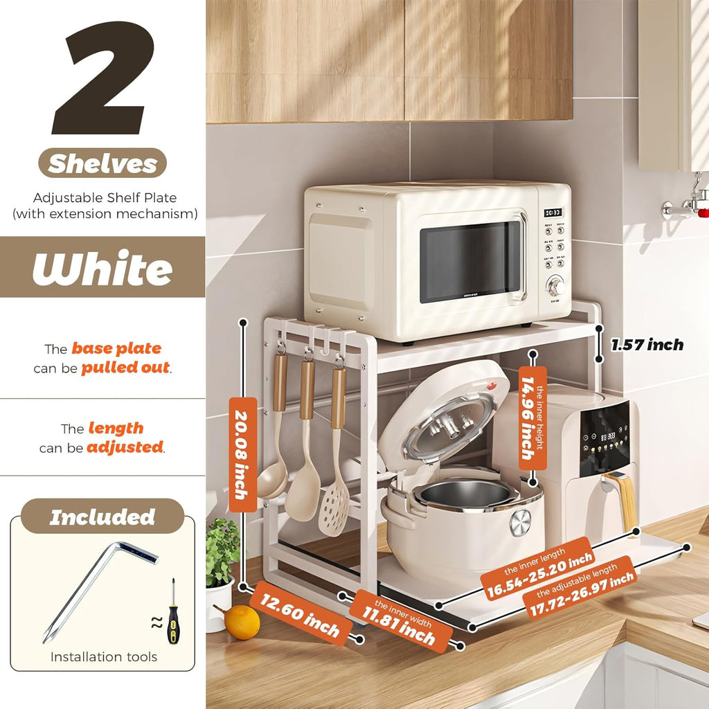 2-Tier Microwave Rack - Height Adjustable & Extendable Kitchen Shelf with Drawer - Carbon Steel - Includes Hooks & Reinforcement Suction Cups - Easy Assembly (White)