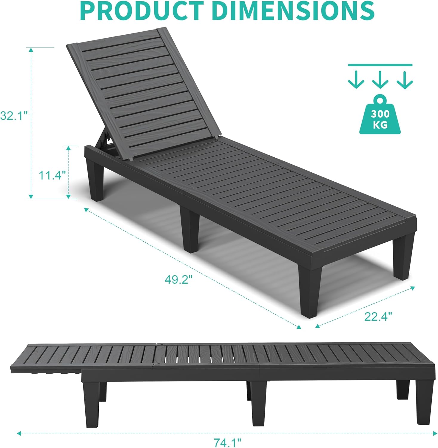Patio Lounge Chairs Outdoor, Patio Chaise Lounges with Adjustable 5-Position Recliner and Full Flat Tanning Chair for Patio, Beach, Pool, Backyard (Striped Black, Set of 2)