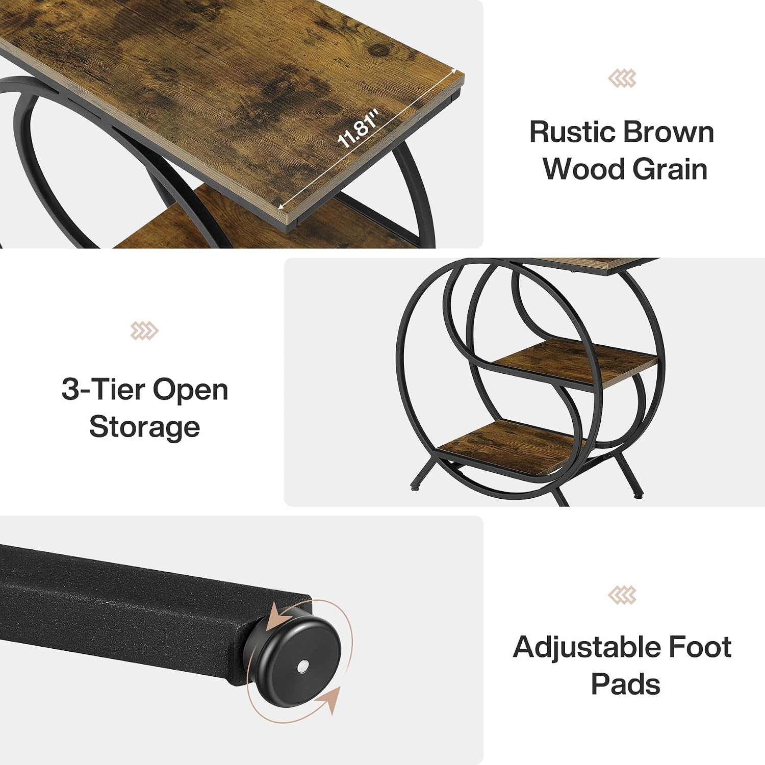 Tribesigns 3-Tier End Table, Industrial Side Table for Living Room, Small Rectangle Nightstand for Bedroom (1PC, Rustic Brown & Black)