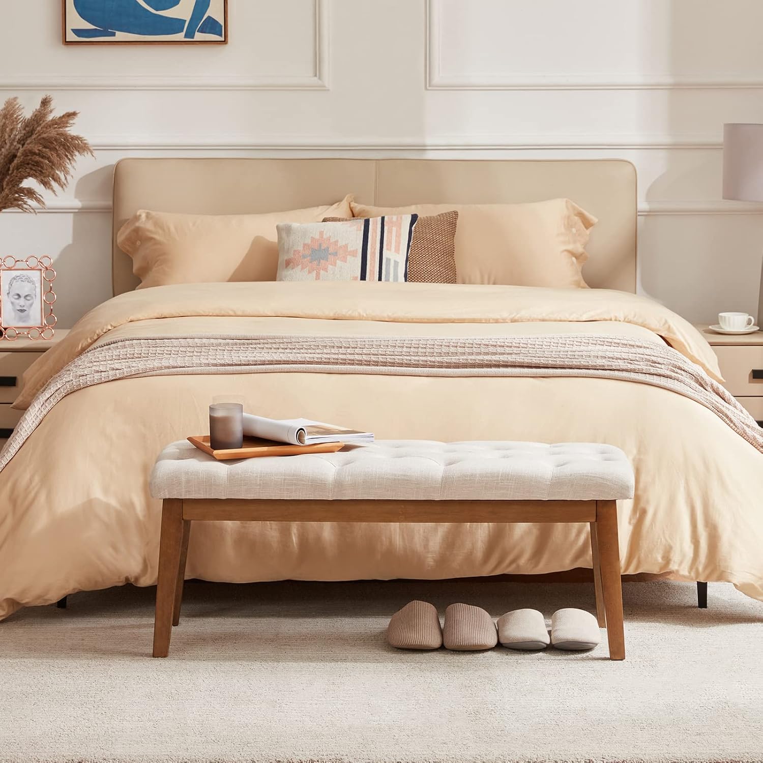 HUIMO Bedroom Bench for End of Bed, Upholstered Dining Seat for Kitchen, Button-Tufted Ottoman Bench for Entryway and Living Room (Beige)