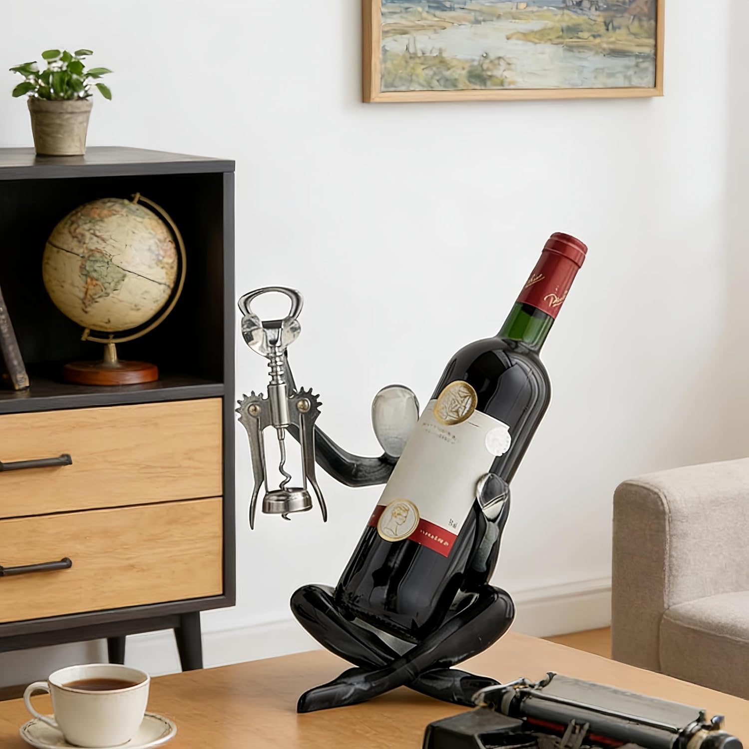 XINXUAN Abstract Wine Bottle Holder Home Decor, Resin Hollow-Out Design Decorative Wine Rack (Gradient Black)