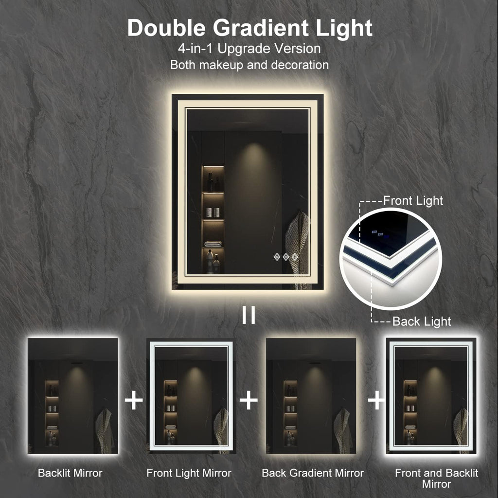 LED Bathroom Mirror, 24x32 Inch Gradient Front and Backlit Vanity Mirror with Lights, 3 Colors Dimmable CRI>90, IP54 Enhanced Anti-Fog, Hanging Plates Bathroom Mirror with Lights