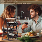 Wine Rack, 6-Bottle Foldable Wine Racks Countertop with Wooden Handle, 3-Tier No Assembly Wine Bottle Holder for Home Bar, Kitchen, Wine Cellar Storage (Black)