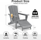 Folding Adirondack Chair with Retractable Ottoman,HDPE Outdoor Adirondack Chair with Cup Holder,All-Weather Lounge Chairs for Outside,Patio,Pool,Fire Pit,Grey