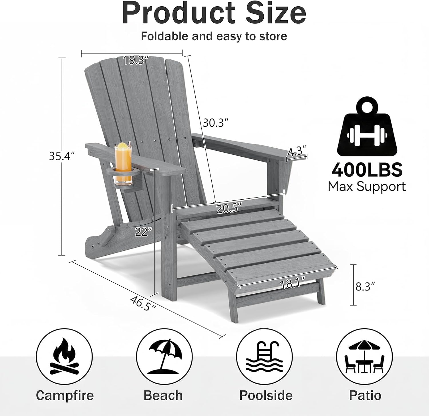 Folding Adirondack Chair with Retractable Ottoman,HDPE Outdoor Adirondack Chair with Cup Holder,All-Weather Lounge Chairs for Outside,Patio,Pool,Fire Pit,Grey