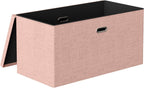 VECELO 30'' Folding Storage Ottoman Bench, End of Bed Linen Fabric Foot Rest Stool with Padded Seat, Large Footstools for Bedroom, Living Room, Load 550 lb, Pink