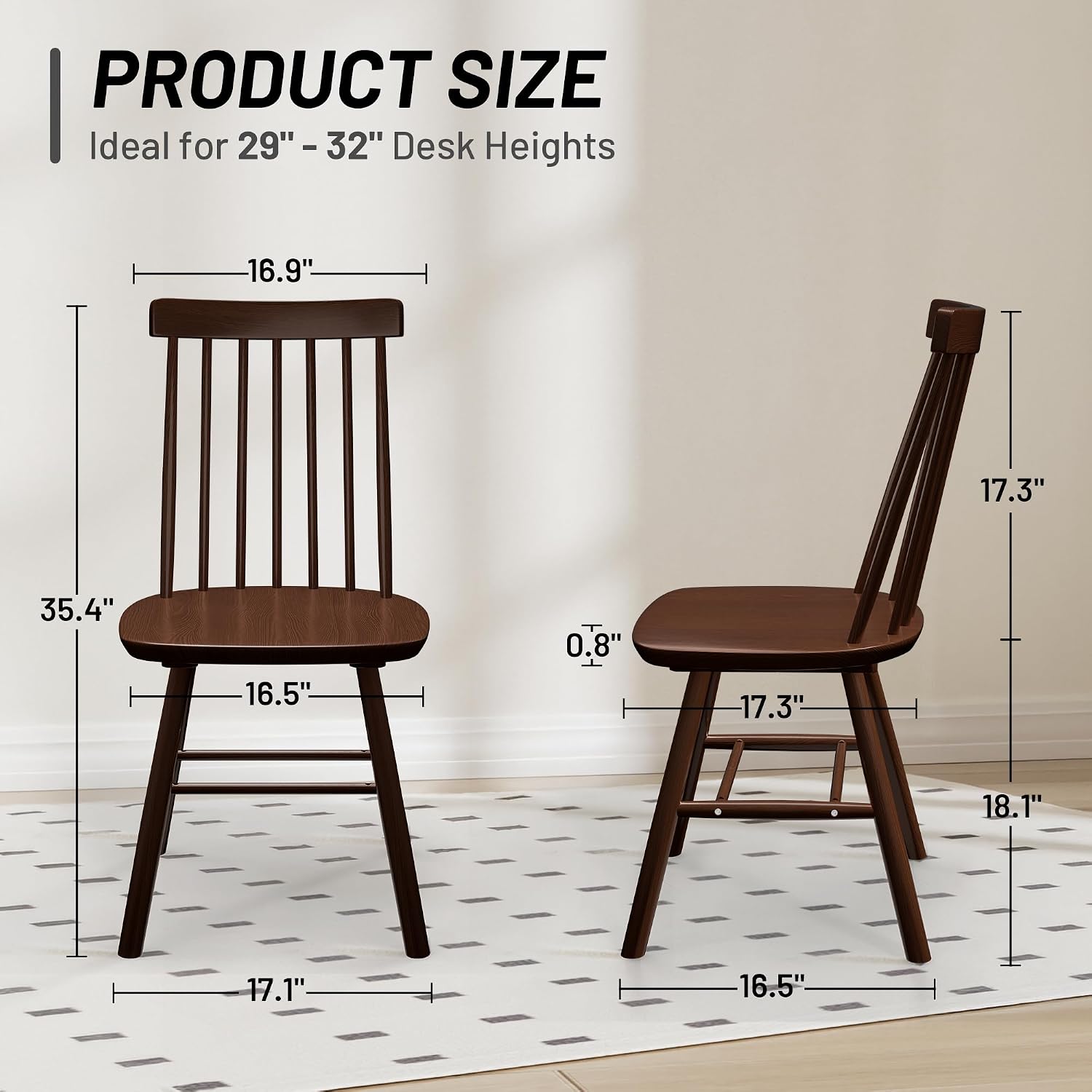 AreShark Brown Dining Chairs Set of 6, Farmhouse Wooden Windsor Dining Room Chairs, Solid Wood Spindle Back Kitchen Chairs