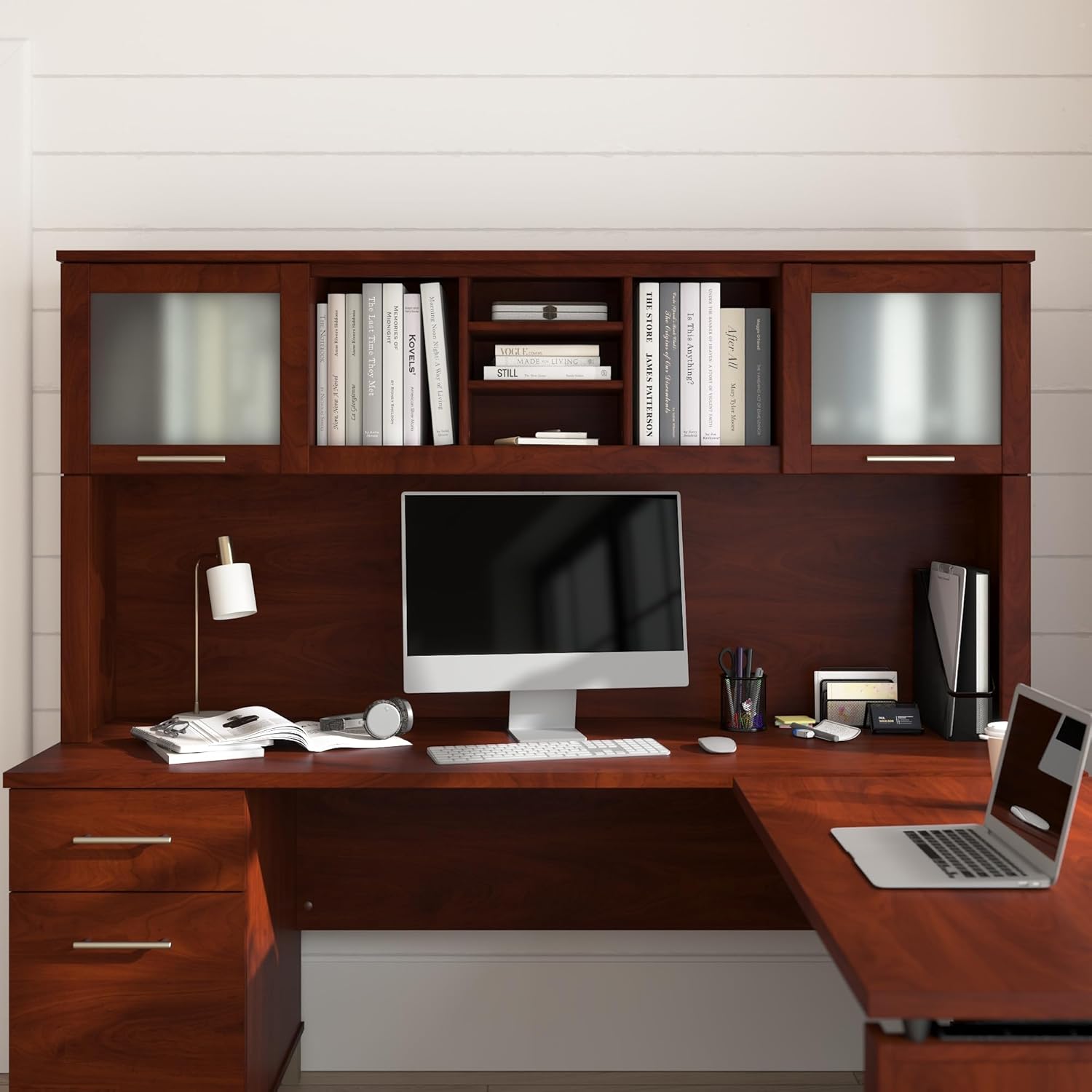 Bush Home 72-Inch Desk Hutch, Office Storage Organizer with Shelves, Cubbies and Frosted Glass Doors for Computer Desk, Home Office Furniture, Somerset Collection, Hansen Cherry