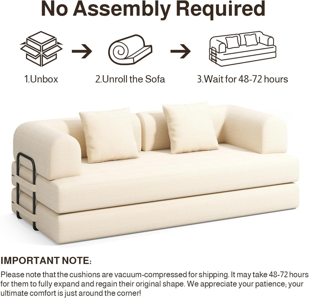 Ahomly 78.8'' Convertible Sofa Bed,5-in-1 Boneless Couch with Removable Armrests,Folding Futon Sofa Bed Includes 2 Pillows,Comfy Pull Out Couch for Living Room,No Assembly Required,Cream
