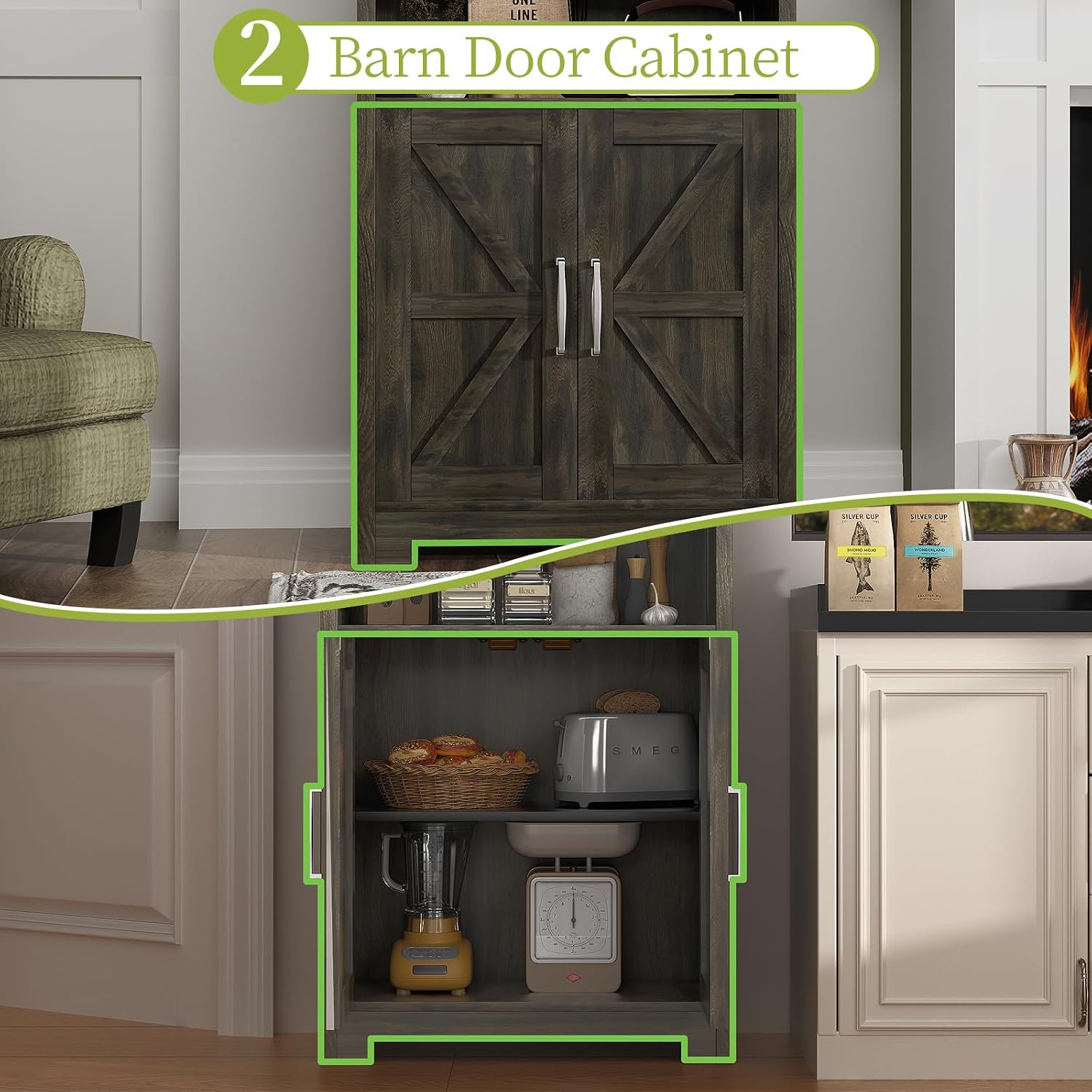 kepptory 55" Tall Kitchen Pantry, Farmhouse Storage Cabinet with Doors, Shelves and Drawer, Rustic Wood Cupboard for Kitchen, Dining Room