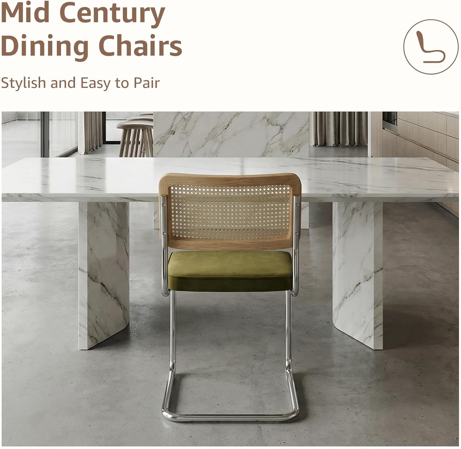 Mid Century Modern Dining Chairs Set of 2, Rattan Dining Chairs with Cane Back and Upholstered Seat, Chrome Cantilever Metal Frame, Kitchen & Dining Room Chairs, Sillas de Comedor (Green)