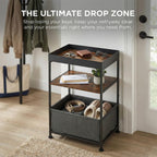 Industrial Narrow Side Table with Storage, 3 Tier End Table with Fabric Bin & Tray Top for Living Room, Narrow Nightstand Slim Bedside Table for Bedroom, Small Spaces, Rustic Brown