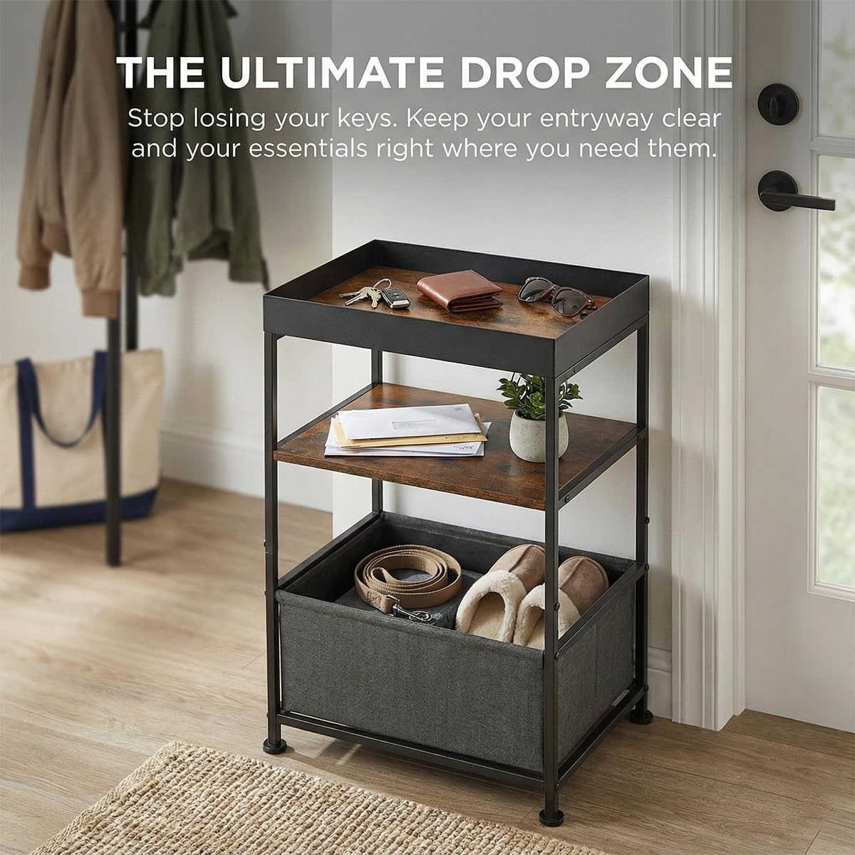 Industrial Narrow Side Table with Storage, 3 Tier End Table with Fabric Bin & Tray Top for Living Room, Narrow Nightstand Slim Bedside Table for Bedroom, Small Spaces, Rustic Brown