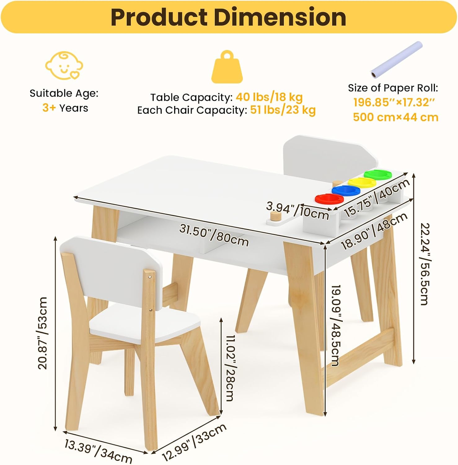 Olakids Kids Art Table and Chair Set, Wooden Multi Activity Desk with Roll Paper 2 Storage Shelves 4 Paint Cups, Toddler Furniture for Crafts Arts Playing Drawing