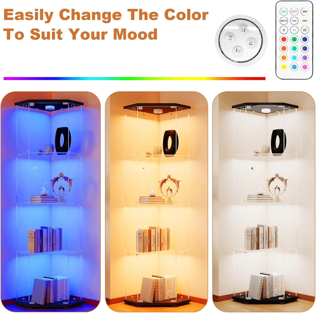 Zevemomo Corner Glass Display Cabinet with LED Lights, 4-Tier Glass Curio Case with Door & Lock for Collectibles, Liquor, Figure, Trophy, Floor Standing Glass Display Cases, Black Storage Cabinets