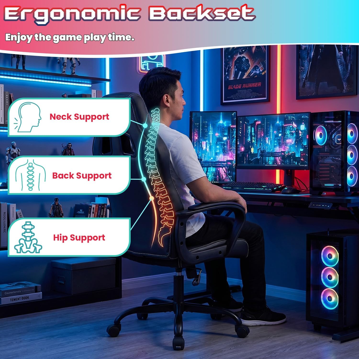 NChanmar Computer Gaming Chair Ergonomic High-Back Office Chair w/Lumbar Support Adjustable Height 360-Swivel Executive Desk Chairs for Adults Racing Writing Working,Black