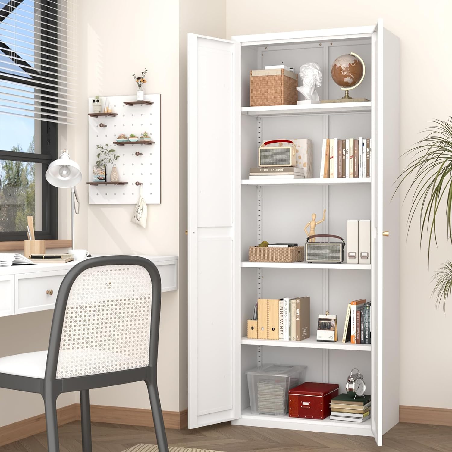GREATMEET 71" Kitchen Pantry Storage Cabinet, Metal Garage Storage Cabinets with 2 Doors and Shelves, Tall Storage Cabinet, Laundry Room Cabinet, Food Pantry Cabinet, White