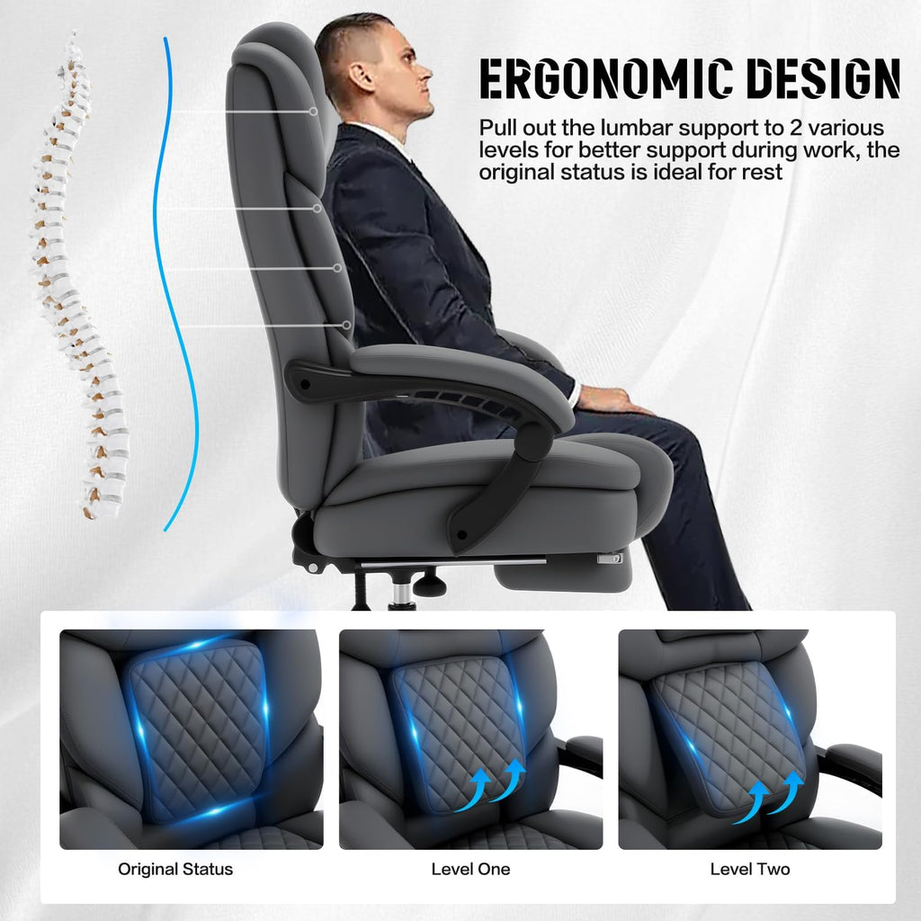 Reclining Office Desk Chair with Footrest Wide Seat Heavy Duty Desk Chair with Lumbar Support, 500lb Faux Leather Big Tall Office Chair with Leg Rest, Grey