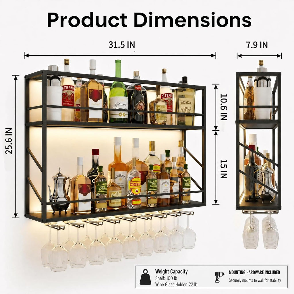 2-Tier Wall Mounted Wine Rack with LED, 31.5”W x 7.8”D x 26”H | Metal Bar Liquor Shelves and Glass Holder,Wall Bar Shelf Wine Display Storage Holder for Home Bar, Dining Room, Kitchen