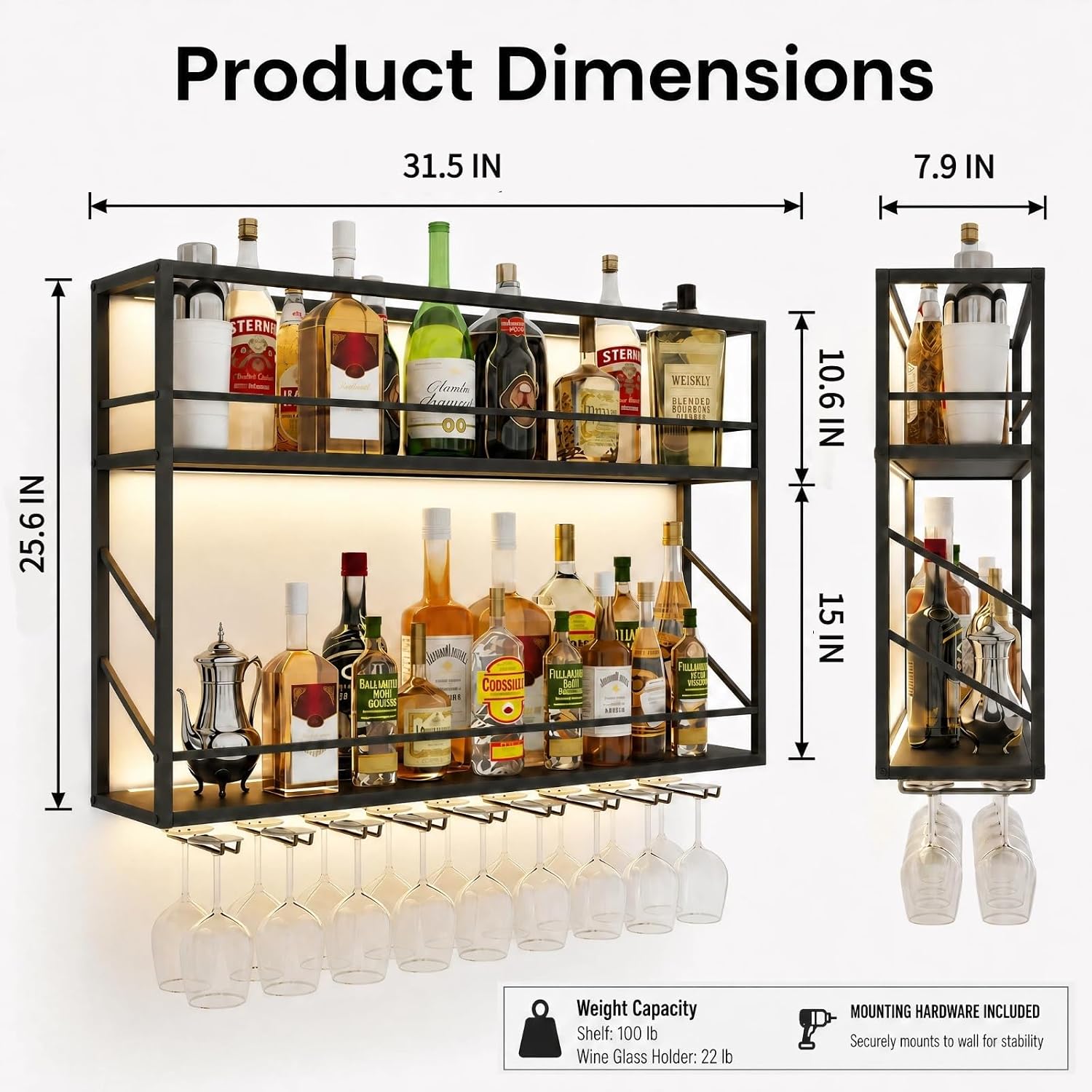 2-Tier Wall Mounted Wine Rack with LED, 31.5”W x 7.8”D x 26”H | Metal Bar Liquor Shelves and Glass Holder,Wall Bar Shelf Wine Display Storage Holder for Home Bar, Dining Room, Kitchen
