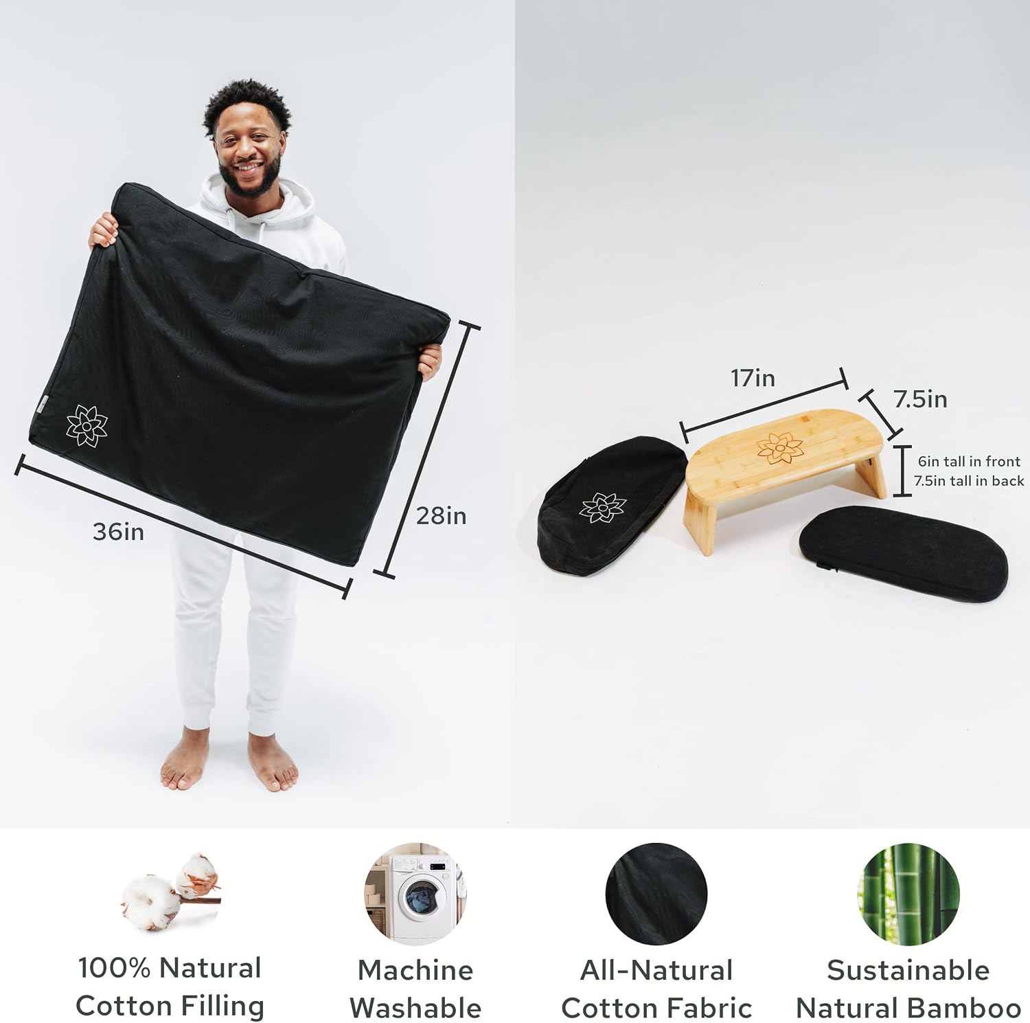 Mindful Modern Bamboo Bench and Zabuton Meditation Mat Bundle - Small Kneeling Meditation Bench with Locking Magnetic Hinges - Wooden Kneeling Ergonomic Bamboo Seiza and Mat for Meditation