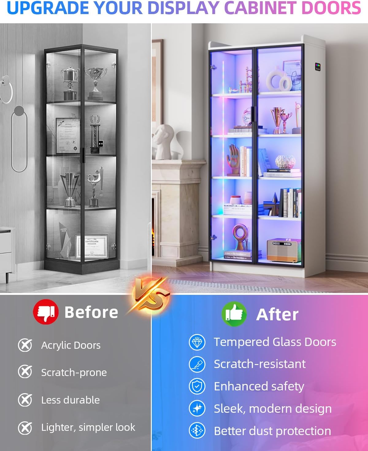 Dystler 65" Display Cabinet with Glass Doors, 5-Tier Curio Cabinet with Motion Sensor RGB Lights, Modern Display Case with Adjustable Shelves for Collectibles, Figures, Books, White