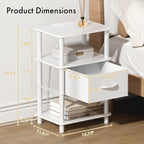 Bedroom Nightstand with Charging Station, Bedside Table with Adjustable Fabric Drawer, 3-Tier Night Table, 2-Min Installation Without Tools, Bedroom Side Table, White