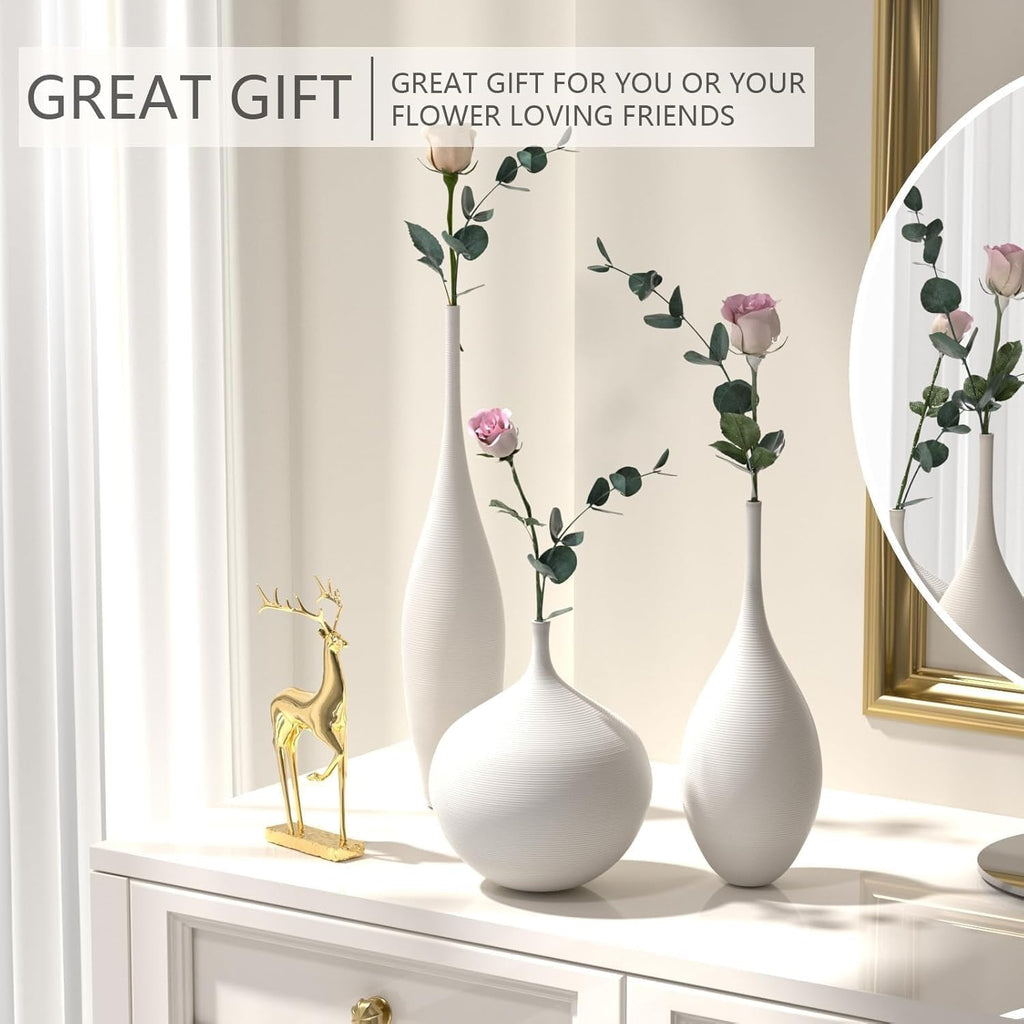 Relexome White Ceramic Vase Modern Boho Wabi-Sabi Flower Vase Set of 3 Decorative Aesthetic Vases for Centerpieces Pampas Matte Minimalist Vases for Living Room Table Shelf Home Decor Gift