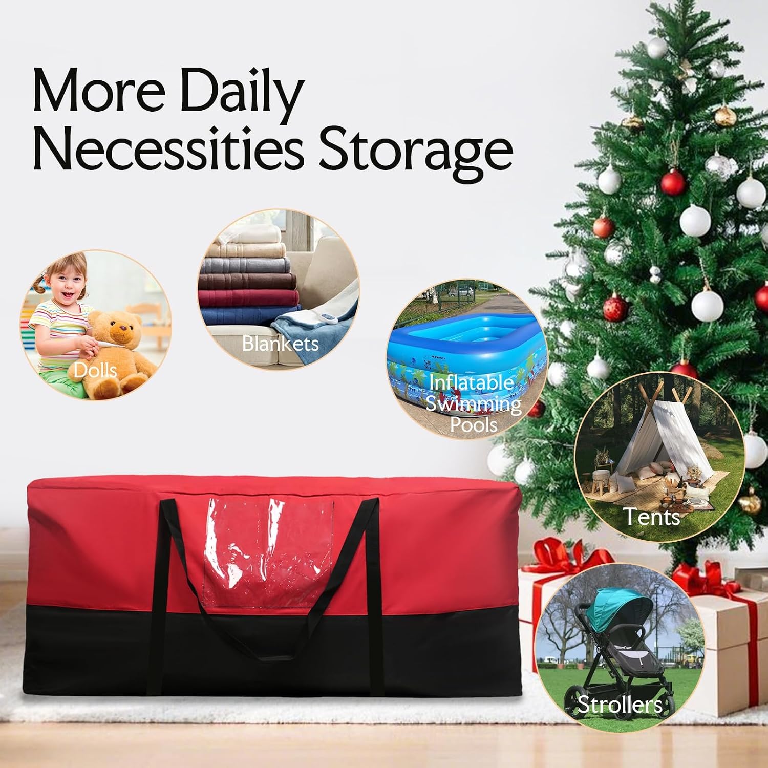 Christmas Tree Bag,Fits Up 10 Ft Tall Artificial Trees,600D Oxford Material,Heavy Duty Tree Bag,Dampproof Storage Bag with Durable Reinforced Handles & Dual Zipper&Transparent Pocket