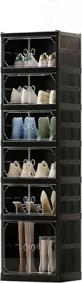 6 Tiers 12 Pairs Foldable Shoe Rack Storage Cabinet, Suitable for Closet Entryway, Collapsible Shoe Storage Organizer Cabinet with Magnetic Door，Easy Assembly (Black, 13.7x17.3x47.2)