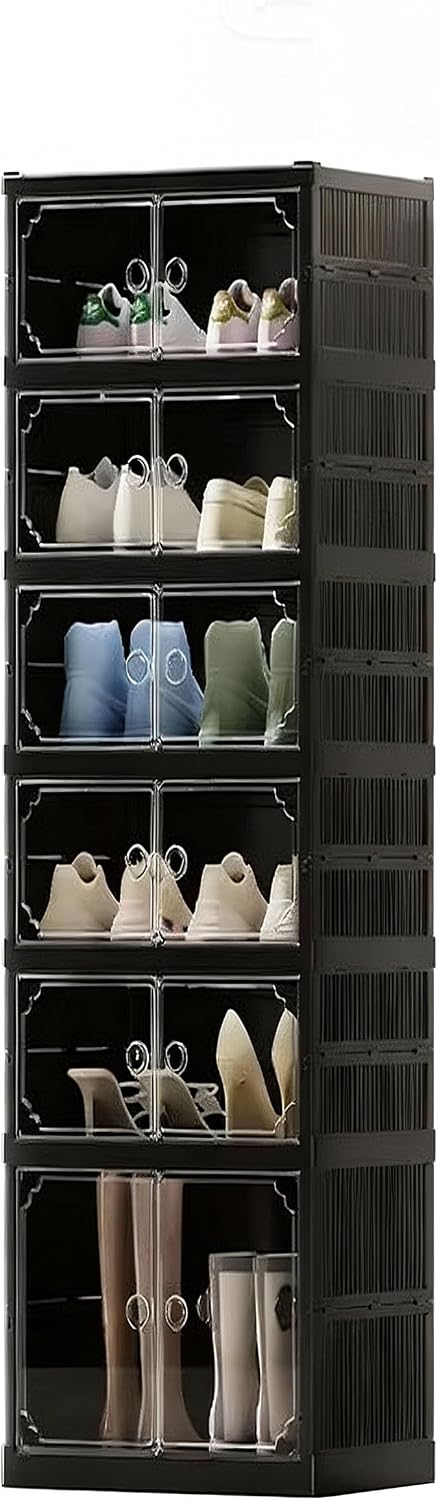 6 Tiers 12 Pairs Foldable Shoe Rack Storage Cabinet, Suitable for Closet Entryway, Collapsible Shoe Storage Organizer Cabinet with Magnetic Door，Easy Assembly (Black, 13.7x17.3x47.2)