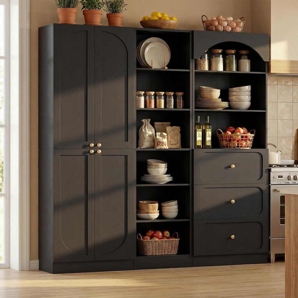 Cyclysio 80" Tall Pantry System with 4 Doors, Arched Corner Pantries with 3 Drawers, Wooden Floor Cupboard with 6-Tier Open Shelves for Living Room