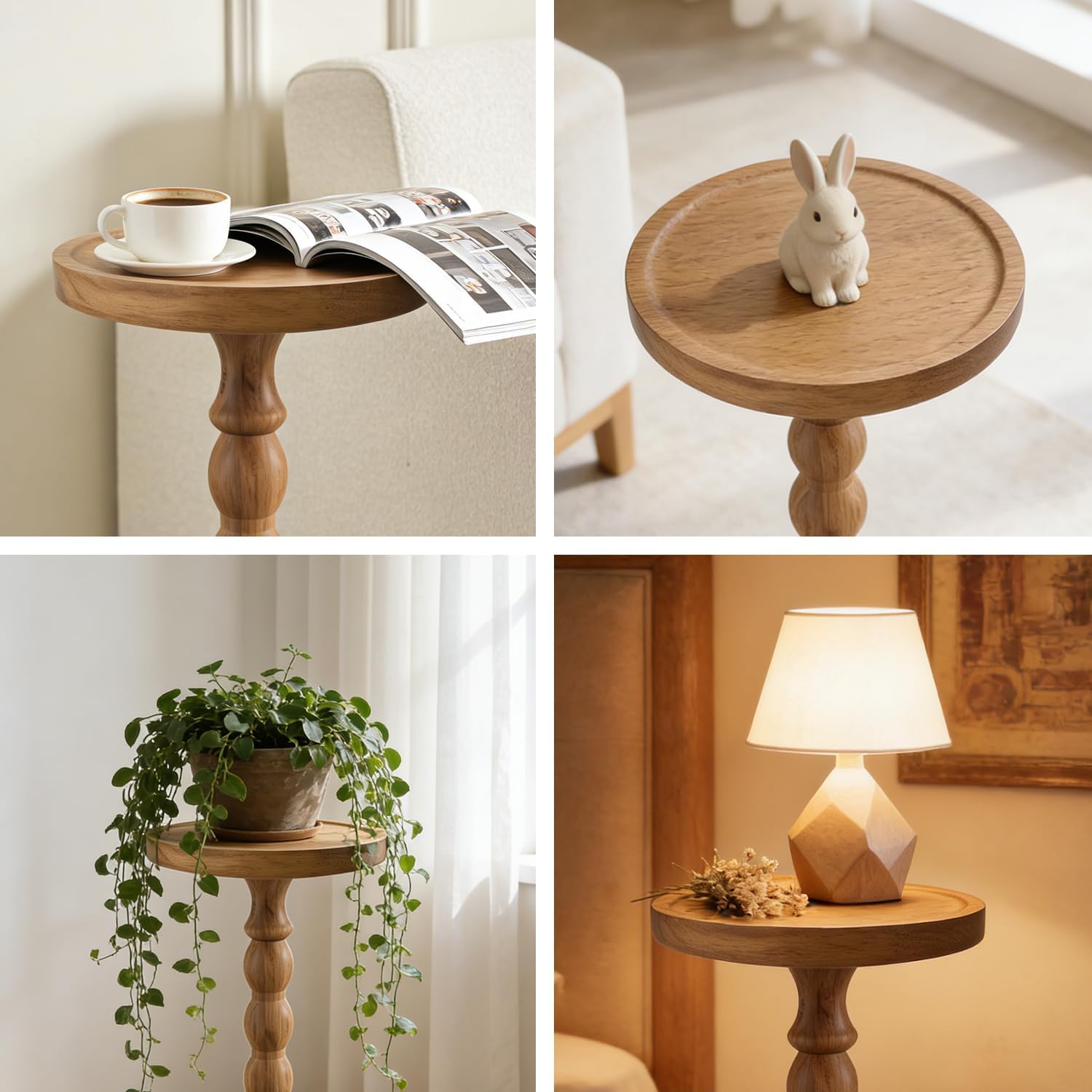 Small Round Side Table for Small Spaces, Wood Pedestal Drink Table & Narrow End Table for Living Room Couch, Modern Bedside Nightstand for Bedroom & Nursery（Walnut）