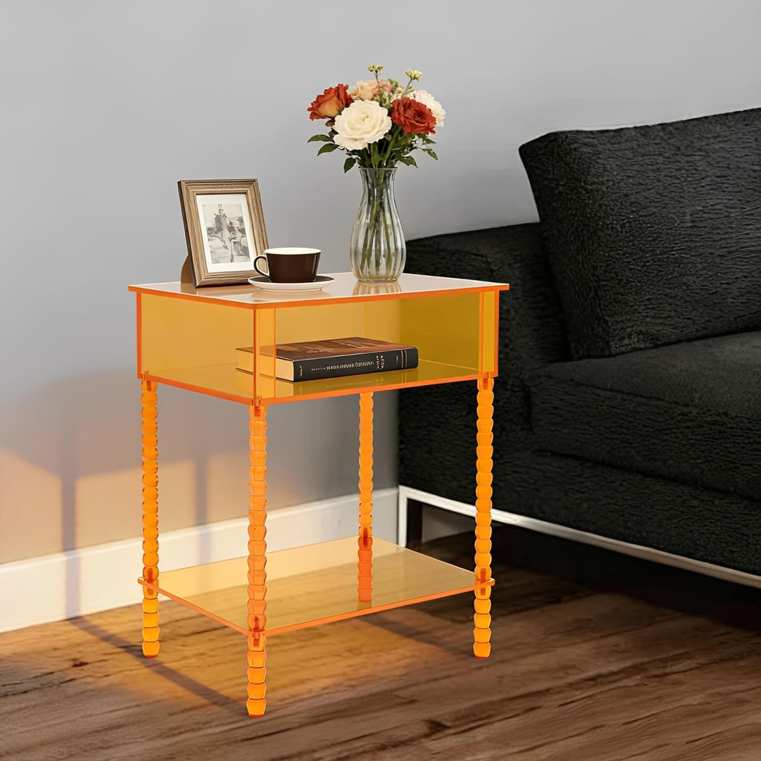 Acrylic Side Table, End Table with Storage, Nightstand for Living Room Bedroom (Orange)