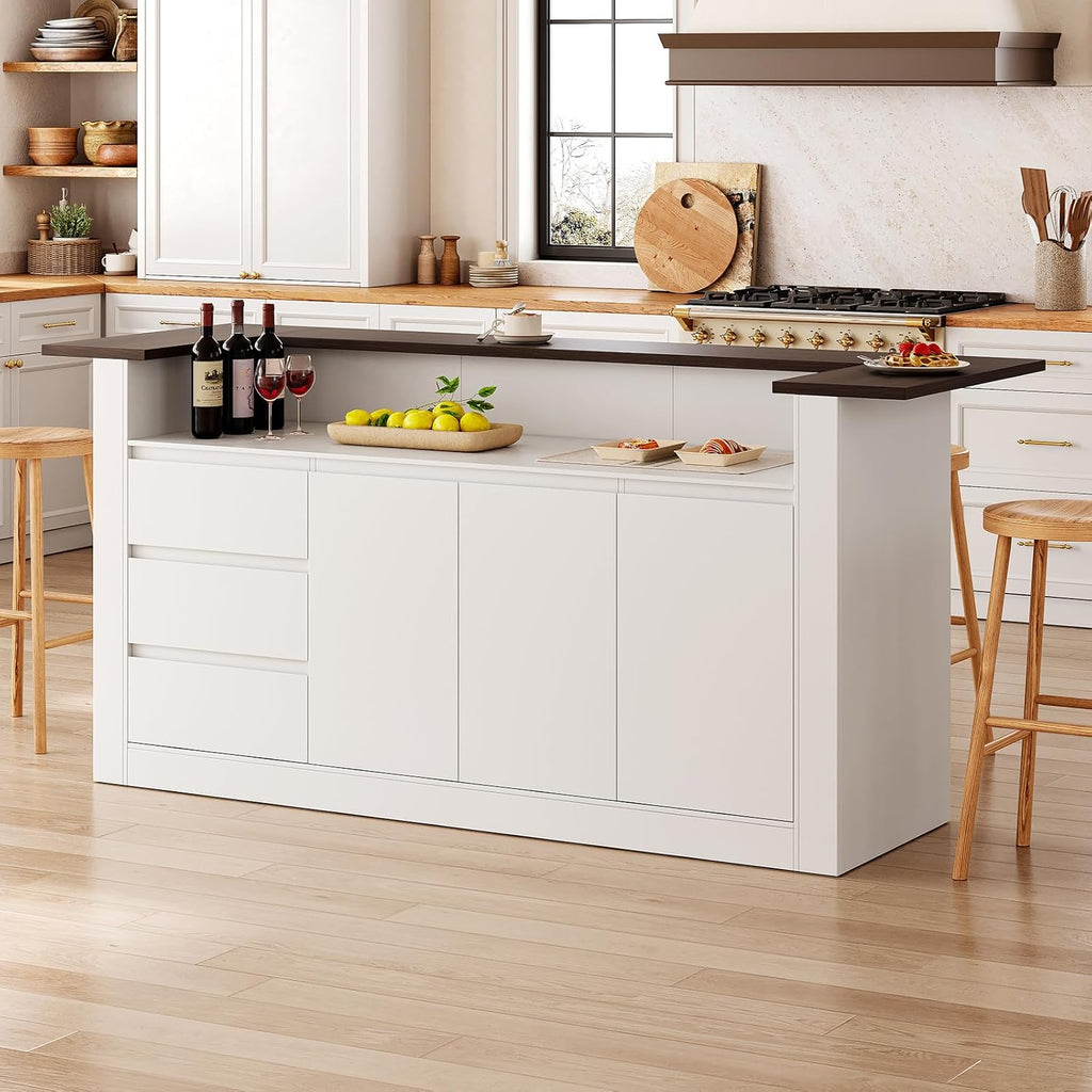 86.6" Large Kitchen Island with Trash Can Storage, Stationary Storage Island with 3 Drawers and 2 Shelves, Wood Island Table with Large Countertop for Kitchen, Dining Room,White