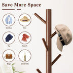 Wooden Coat Rack Freestanding with 8 Hooks,Easy Assembly New Zealand Pine Tree Coat Racks, 3 Adjustable Sizes for Clothes, Hats, Bags, for Entryway, Hallway, Bedroom, Office (Brown, 2 PCS)