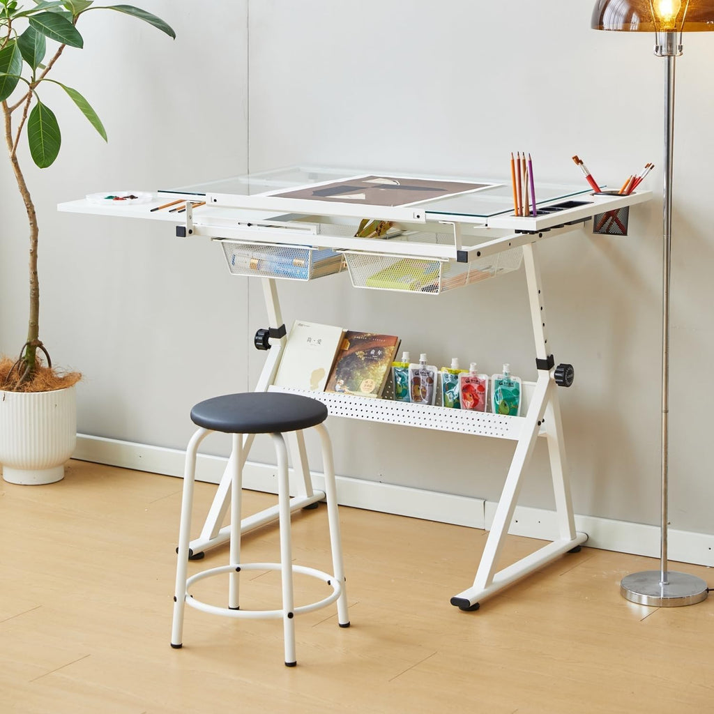 GarveeHome Drafting Table w/Stool, Height Adjustable Multifunctional Art Craft Artists Desk Tilting Glass Tabletop Diamond Paintings Work Station w/2 Storage Drawers for Home Office, White