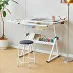 GarveeHome Drafting Table w/Stool, Height Adjustable Multifunctional Art Craft Artists Desk Tilting Glass Tabletop Diamond Paintings Work Station w/2 Storage Drawers for Home Office, White