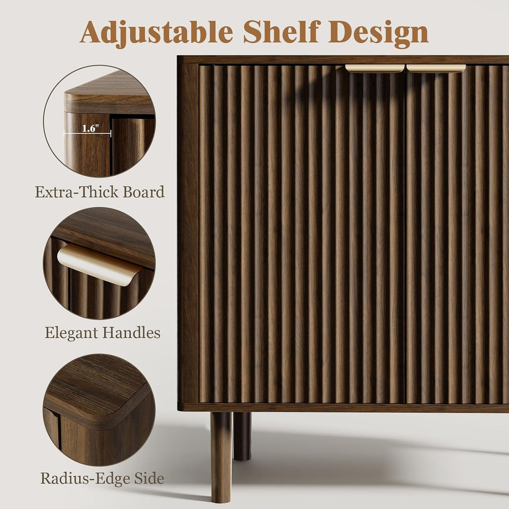 IKALIFE Sideboard Buffet Cabinet with Storage 31.5" Walnut | Modern Fluted Accent Credenza with Doors, Wood Coffee Bar Console Table for Living Room, Dining Room, Kitchen or Entryway
