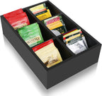 Tea Bag Box Black 6 Compartments Tea Organizer Storage Wood Drawer Station | Tea Bag Holder Large Sugar Packet Holder Coffee Bar Station Sweeteners Condiment Organizer Tea Bag Organizer Caddy