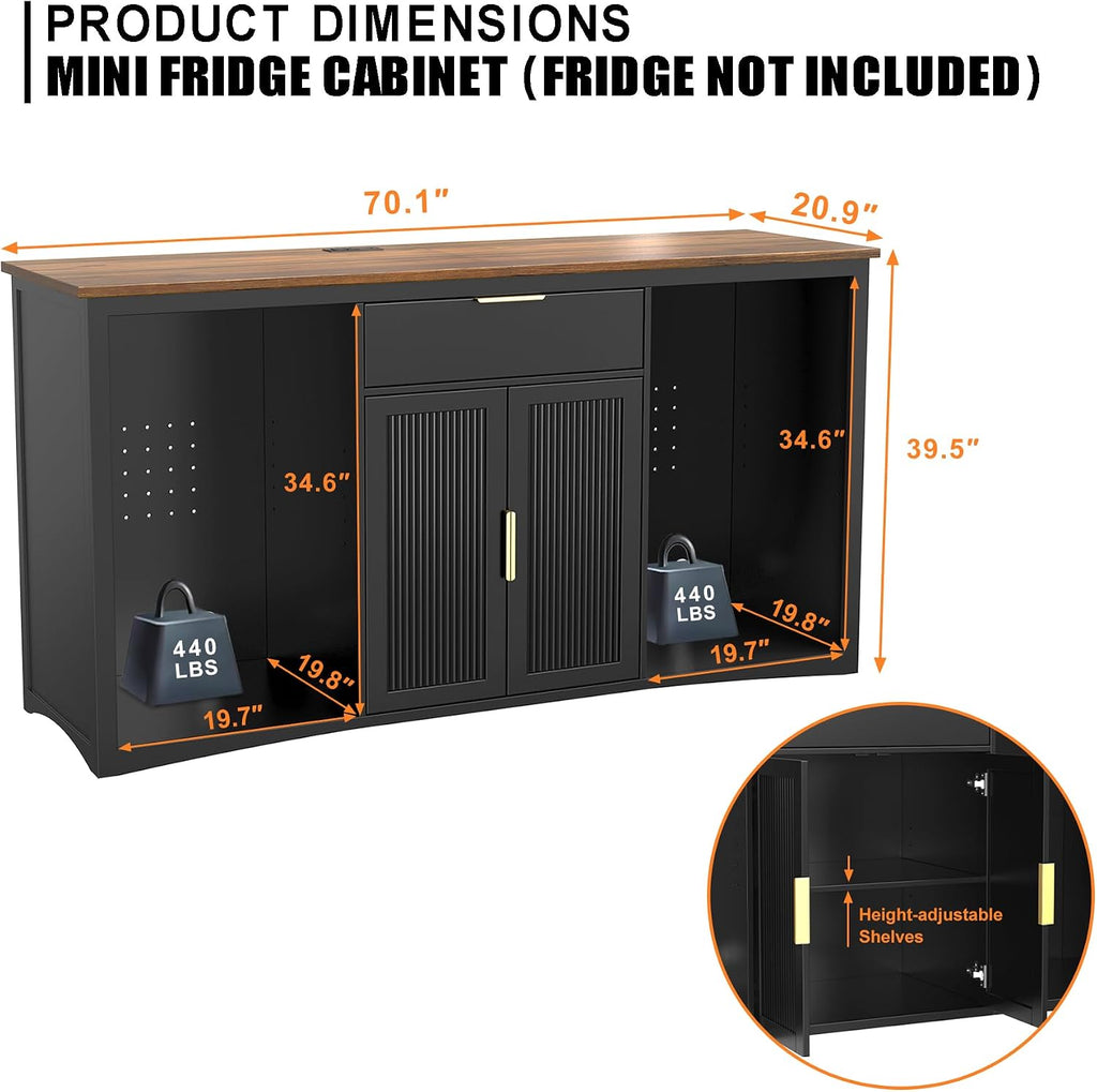 GDLF 70.1" Long Coffee Bar Cabinet with Fridge Space, Modern Wine Liquor Cabinet with Storage & Power Outlet, Buffet Sideboard with Fluted Doors for Home, Black
