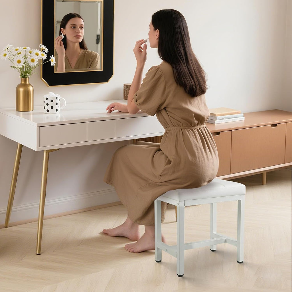 Vanity Stool Chair, Square Faux Leather Makeup Chair with Metal Legs, Cute Small Ottoman Vanity Bench, Foot Stool Chair for Vanity for Bedroom, Living Room, Bathroom, White